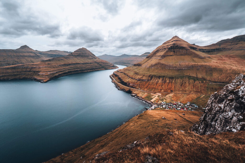 View over fjord and mountains near Funningur on Eysturoy in the Faroe Islands