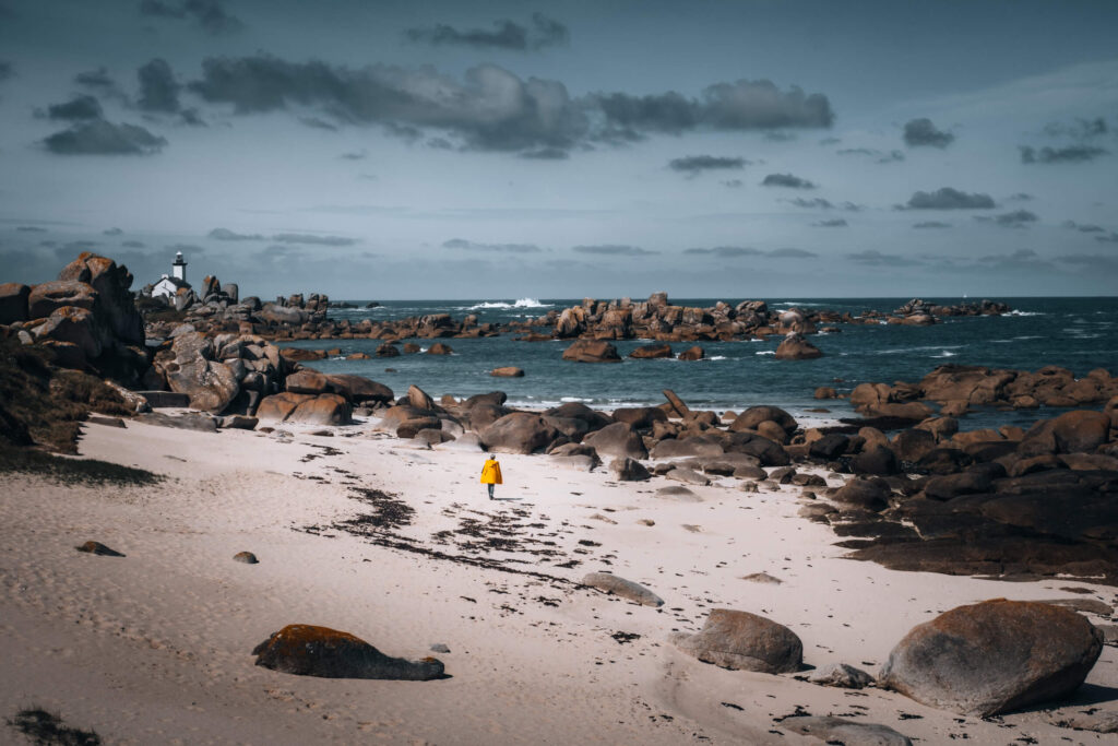Phare de Pontusval lighthouse on the rocky coast of Brignogan-Plages in Brittany, France