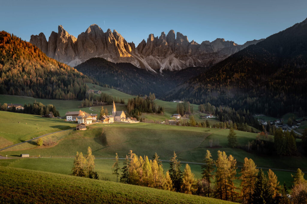 St. Magdalena church in Val di Funes with the Odle peaks in the Dolomites, Italy